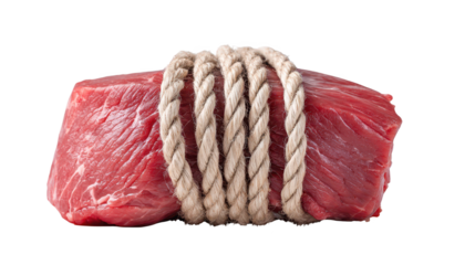 Meat piece secured with rope prepared for culinary use raw meat portion fastened with rope ready for kitchen