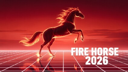 A powerful, glowing fire horse rears over a reflective neon red grid, symbolizing the Chinese Zodiac year 2026 under a dramatic, monochromatic sky.