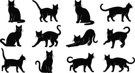 Black cat silhouettes set, various poses, cute feline collection, minimal vector illustration for pets, animals, decoration, icons, and design projects © MD. NUR ISLAM