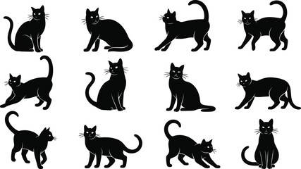 Black cat silhouettes collection, various poses and movements, cute feline vector set for pet design, icons, decoration, branding, and creative projects