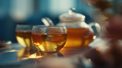Glass Teapot and Tea Cups with Hot Herbal Tea in Cozy Setting