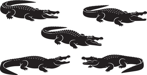 Fototapeta premium Five different crocodiles alligator cayman silhouettes with open jaws and sharp teeth