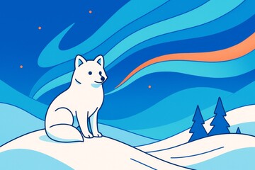 Obraz premium Arctic fox sitting on snowy hill with stylized northern lights in blue sky and abstract winter landscape with pine trees in background. Ai generative