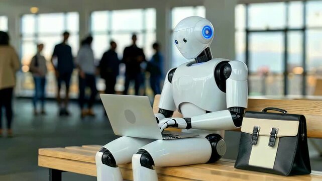 Artificial intelligence robot using laptop computer sitting on wooden bench with briefcase nearby while blurred people stand in modern office background representing future technology and automation c