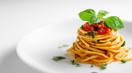 Pasta with Pesto Sauce and Basil Leaves on White Background