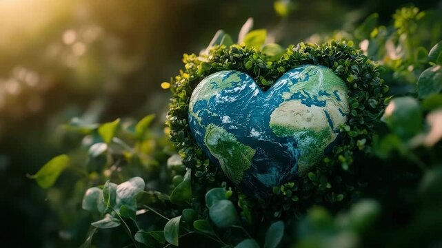 Heart shaped earth on green grass under sunlight, love and saving the world for the next generation.
