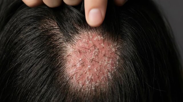 Close-up of a persons scalp showing a patch of hair loss and redness.