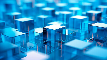 Obraz premium Glowing blue cubes are arranged in a grid pattern, creating an abstract digital landscape filled with bright spots of light against a dark background.