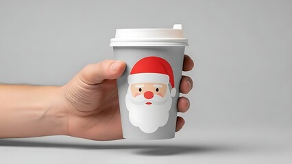 Hand holding coffee cup with Santa Claus design.