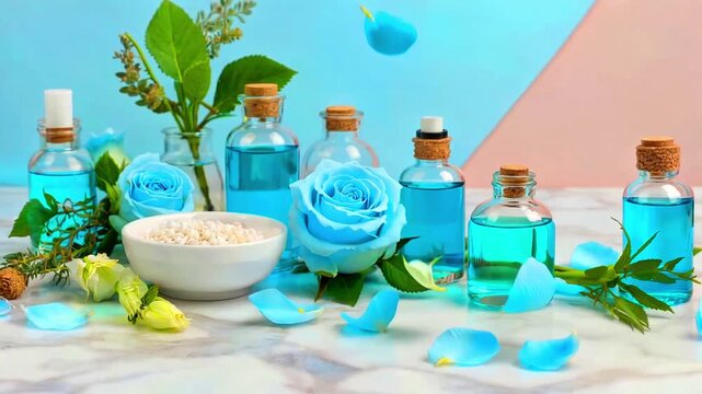 Essential oil bottles with blue roses and herbs for spa aromatherapy and natural cosmetic formulation featuring clear liquid ingredients and white salt crystals on marble