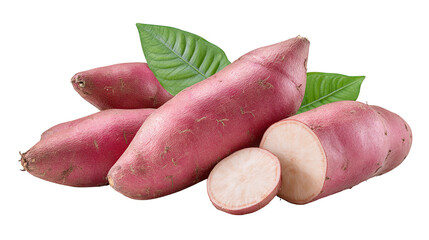 Pile of pink sweet potatoes with fresh green leaves freshly harvested pink sweet potatoes with vibrant leaves