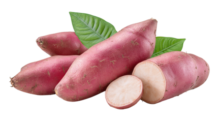 Pile of pink sweet potatoes with fresh green leaves freshly harvested pink sweet potatoes with vibrant leaves