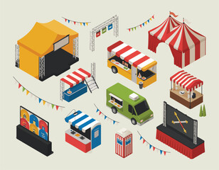 Fototapeta premium Isometric fairground elements with tent, stage, food truck