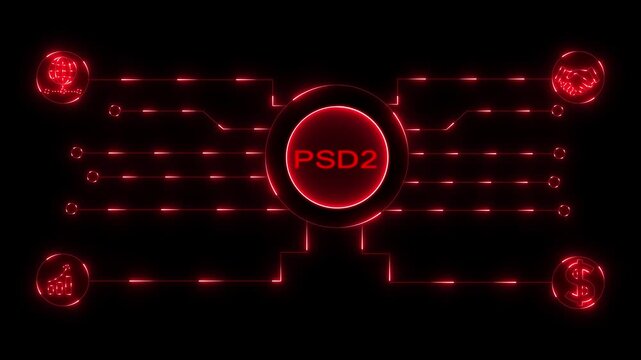 Glowing neon sign Business PSD2 concept animated. PSD2 management concept. Glowing neon line PSD2 Product lifecycle management system technology.animation.