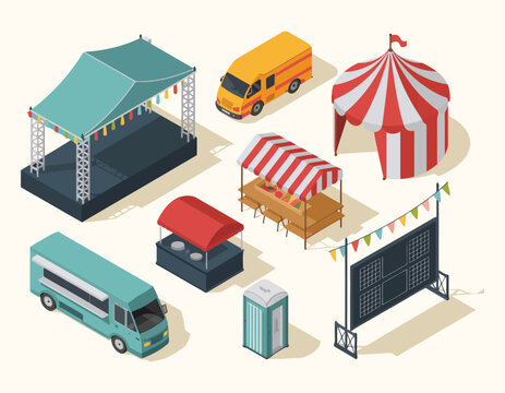 Isometric festival elements, stage, tent and van