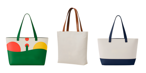 Three Reusable Canvas Tote Bags Set - Colorful, Plain Beige, and Navy Striped Shopping Bags on White Background