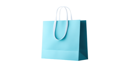 Blue shopping bag rests against white background empty blue paper bag for purchases on display