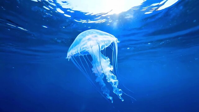 Jellyfish swimming deep blue ocean water surface light rays marine life underwater aquatic creature ethereal glowing translucent bell tentacles nature sea wildlife ecosystem oceanography