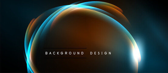 Abstract design features glowing curved lines, warm colors blend with cool blues. Dark background emphasizes bright central form.