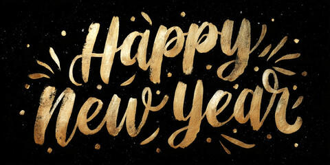 Happy New Year text with golden ink on black background. Generative AI