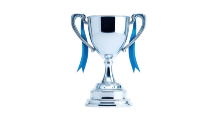 Victorious silver trophy with blue award ribbon shining silver trophy features blue ribbon beautifully tied