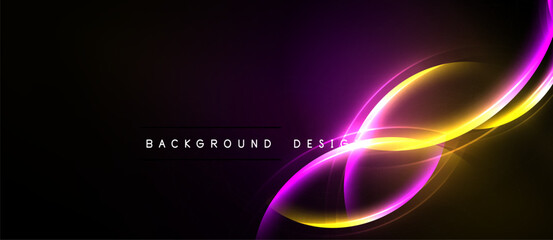 Abstract design features vibrant purple, yellow curves against black backdrop. Modern, dynamic visual presentation.