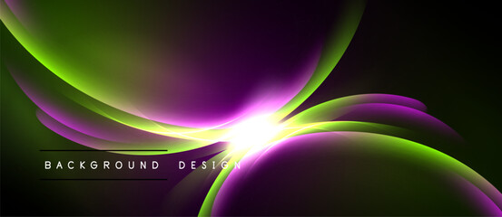 Abstract neon waves, vibrant green, purple hues. Dark background creates dramatic visual effect. Modern design element.
