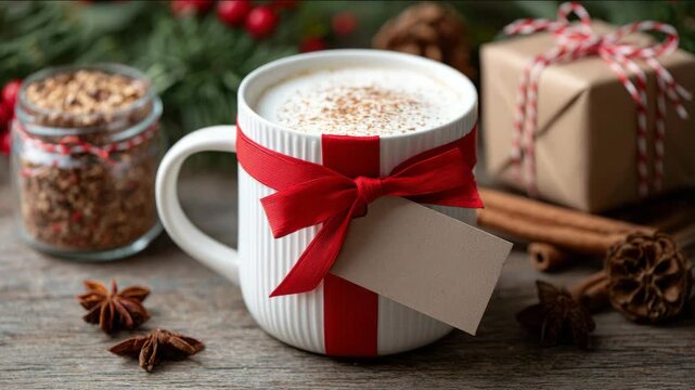 Hot cocoa and festive gift box on wooden tray with holiday decor. Christmas-themed teacher gift with mug, hot cocoa mix, and holiday card
