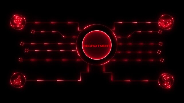 Glowing neon sign Business RECRUITMENT concept animated. RECRUITMENT management concept. Glowing neon line RECRUITMENT Product lifecycle management system technology . 4k Animation.
