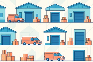 Distribution warehouses and delivery vans with cardboard boxes on light abstract background, logistics and shipping concept illustration. Ai generative