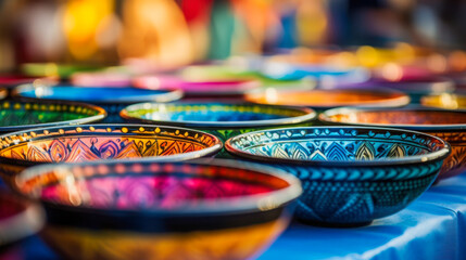 Colorful glass bowls arranged on a table with bokeh lights in the background during an evening market in a vibrant outdoor setting