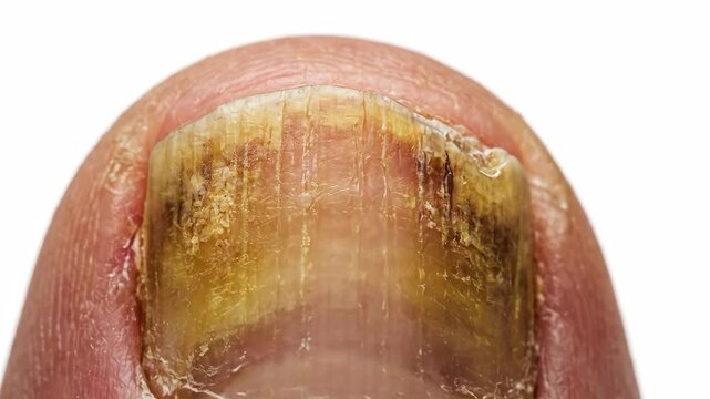 Close up of a severely infected toenail with fungus and discoloration.