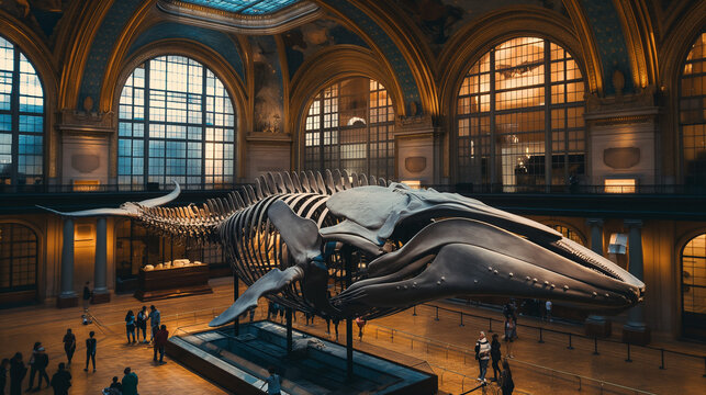 Blue whale skeleton displayed in natural history museum hall