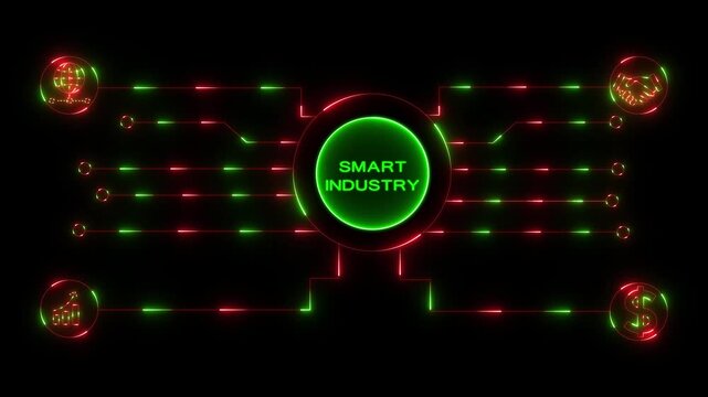 Glowing neon sign Business SMART INDUSTRY concept animated. SMART INDUSTRY management concept. Glowing neon line SMART INDUSTRY Product lifecycle management system. 4k Animation.