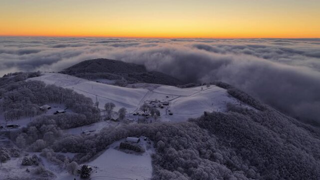 aerial of appalachia scene near boone nc, north carolina after a snowstorm at sunrise
