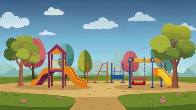 Empty Brightly Colored Playground With Slides Swings And Trees Under Blue Sky With Clouds