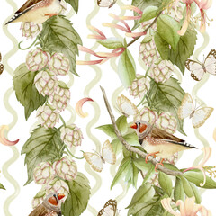 Hops vine and honeysuckle flower branch with songbirds and butterflies watercolor seamless pattern on white. Realistic garden liana in pastel botanical style. Green climbing plant repeat background