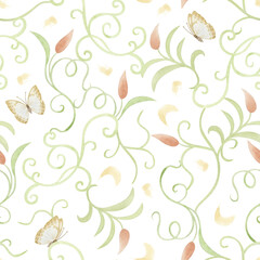 Art Nouveau style seamless pattern on white with watercolor liana vines and butterflies. Simple abstract garden climbing plant in minimalist style. Pastel green beige curly floral repeat background