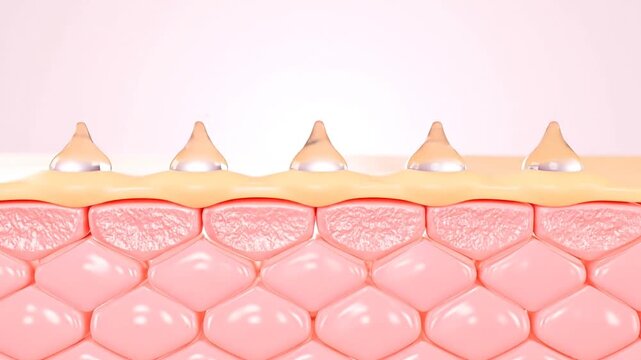 A 3D rendered, cross-section of skin depicting dermis, epidermis, and water droplets