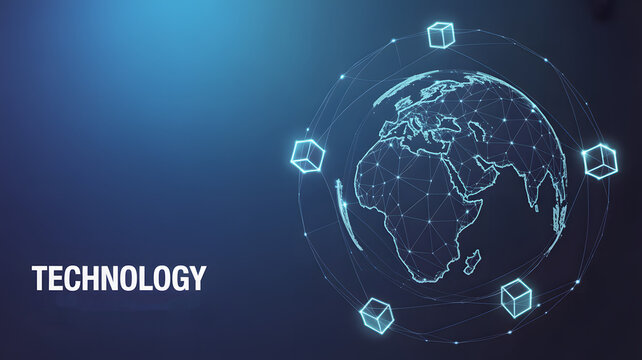 Glowing blue digital earth map with floating cubes and network connections representing global technology and data exchange - Powered by Adobe