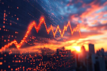 Stock Market Sunset  Red Financial Graph Over City Skyline