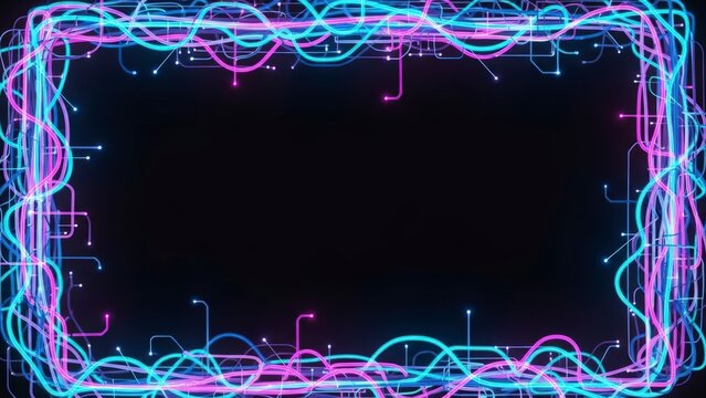 Futuristic Neon Light Frame with Digital Wavy Lines on Dark Background. - Powered by Adobe