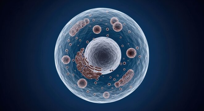 Cell biology illustration depicting the intricate structure of a eukaryotic cell with its nucleus cytoplasm and organelles on a dark background