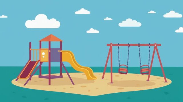 Pixel Art Empty Playground With Slide And Swings Under Blue Sky