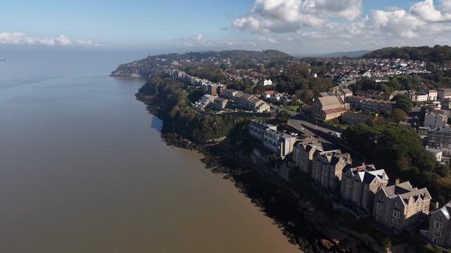 Drone shot of Clevedon Beach and Town, Somerset, England