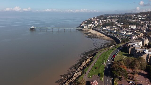 Drone shot of Clevedon Pier, North Somerset, England