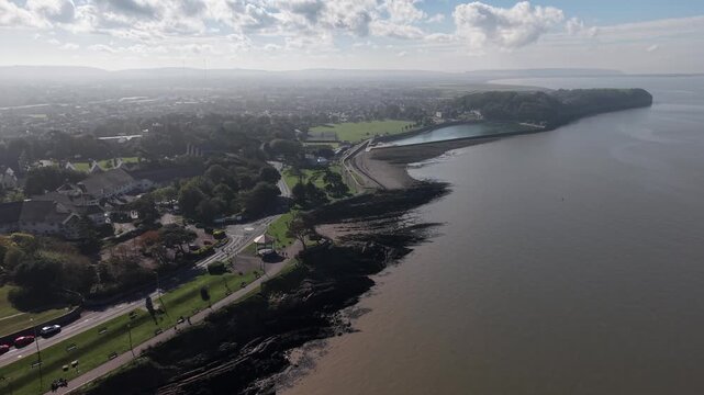 Drone shot of Clevedon Beach and Town, Somerset, England