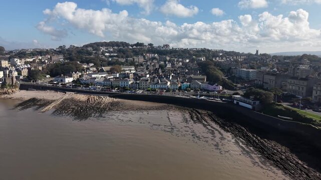 Drone shot of Clevedon Beach and Town, Somerset, England