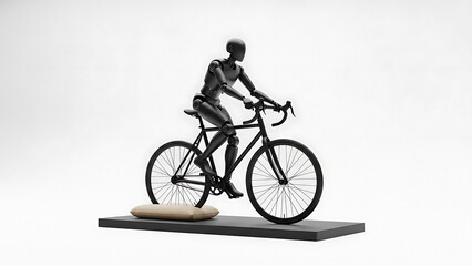 Obraz premium Black mannequin riding black bicycle on gray platform with beige cushion