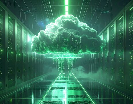 Illuminated cloud hovering above rows of data center servers - Powered by Adobe
